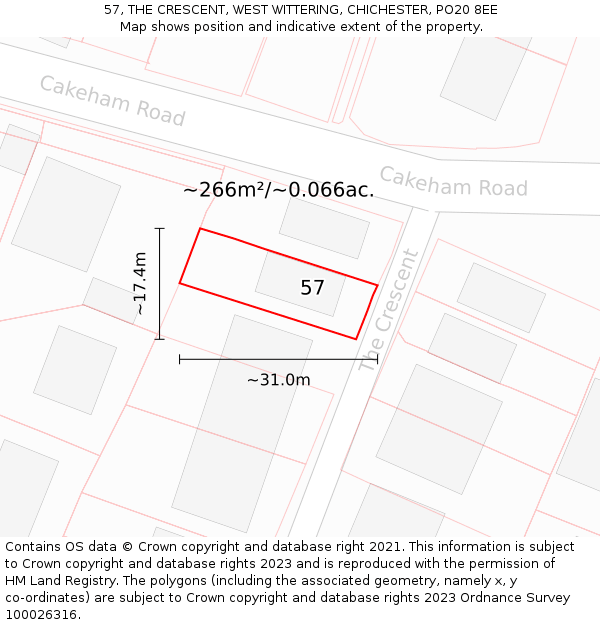 57, THE CRESCENT, WEST WITTERING, CHICHESTER, PO20 8EE: Plot and title map