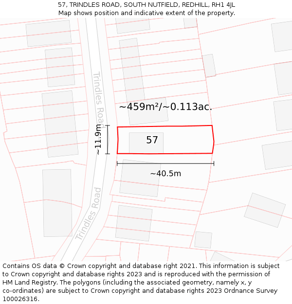 57, TRINDLES ROAD, SOUTH NUTFIELD, REDHILL, RH1 4JL: Plot and title map