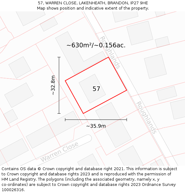 57, WARREN CLOSE, LAKENHEATH, BRANDON, IP27 9HE: Plot and title map