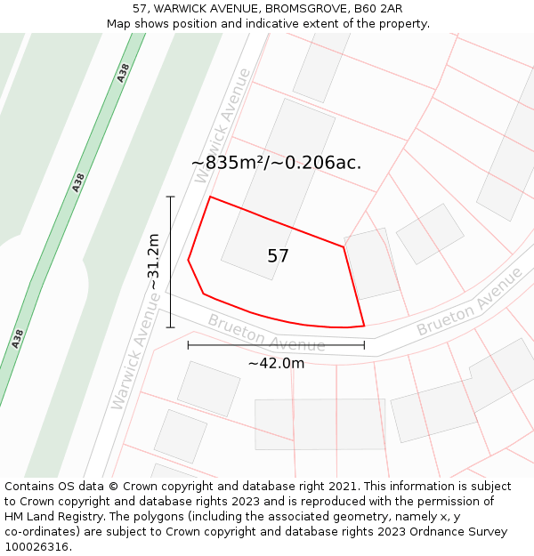 57, WARWICK AVENUE, BROMSGROVE, B60 2AR: Plot and title map