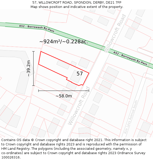 57, WILLOWCROFT ROAD, SPONDON, DERBY, DE21 7FP: Plot and title map