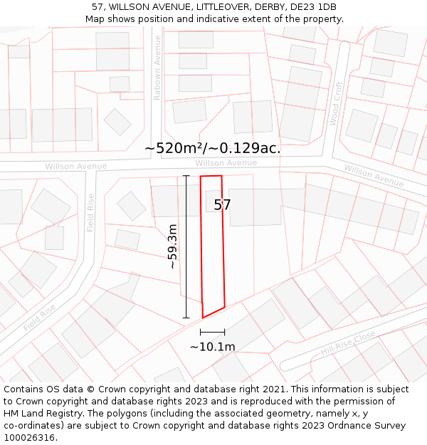 57, WILLSON AVENUE, LITTLEOVER, DERBY, DE23 1DB: Plot and title map