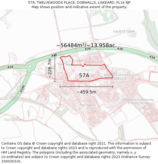 57A, TWELVEWOODS PLACE, DOBWALLS, LISKEARD, PL14 6JP: Plot and title map