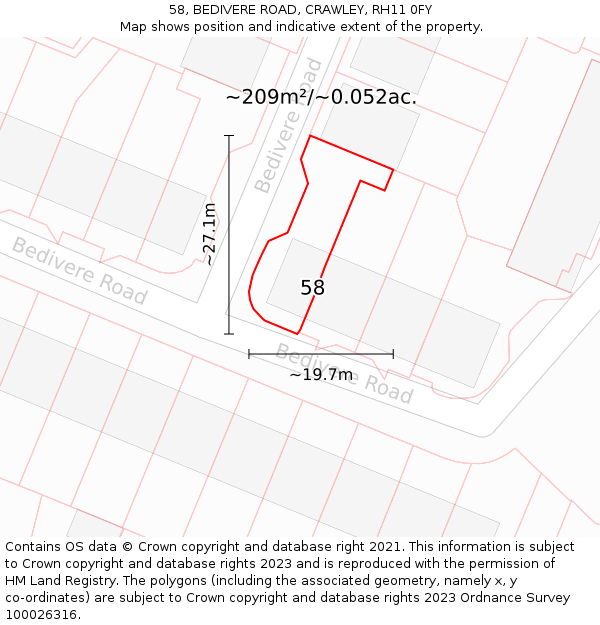 58, BEDIVERE ROAD, CRAWLEY, RH11 0FY: Plot and title map