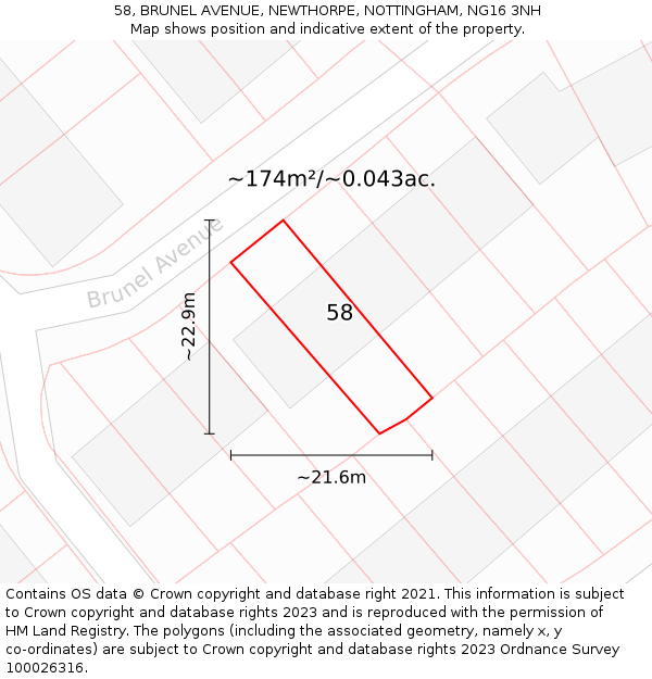 58, BRUNEL AVENUE, NEWTHORPE, NOTTINGHAM, NG16 3NH: Plot and title map