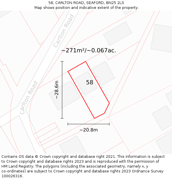 58, CARLTON ROAD, SEAFORD, BN25 2LS: Plot and title map