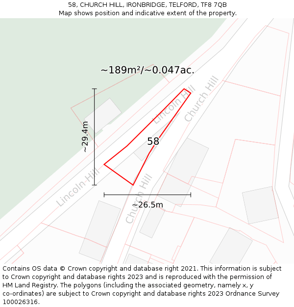 58, CHURCH HILL, IRONBRIDGE, TELFORD, TF8 7QB: Plot and title map