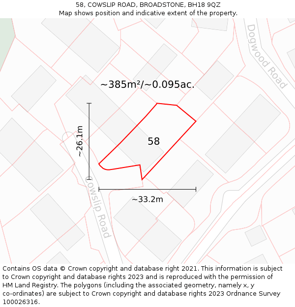 58, COWSLIP ROAD, BROADSTONE, BH18 9QZ: Plot and title map