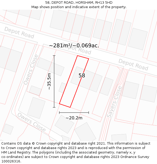 58, DEPOT ROAD, HORSHAM, RH13 5HD: Plot and title map