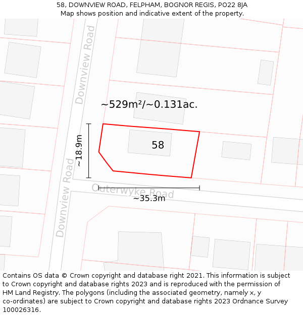 58, DOWNVIEW ROAD, FELPHAM, BOGNOR REGIS, PO22 8JA: Plot and title map