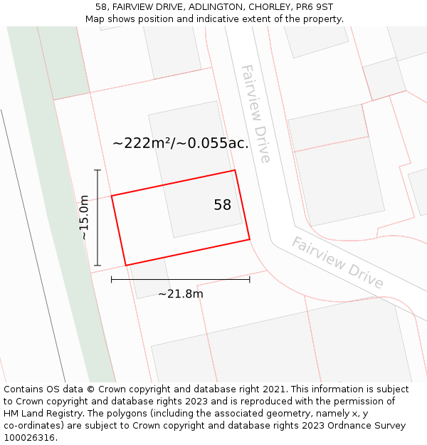 58, FAIRVIEW DRIVE, ADLINGTON, CHORLEY, PR6 9ST: Plot and title map