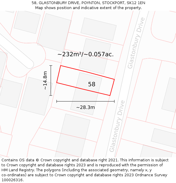 58, GLASTONBURY DRIVE, POYNTON, STOCKPORT, SK12 1EN: Plot and title map