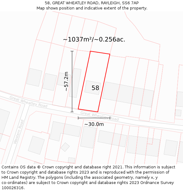 58, GREAT WHEATLEY ROAD, RAYLEIGH, SS6 7AP: Plot and title map