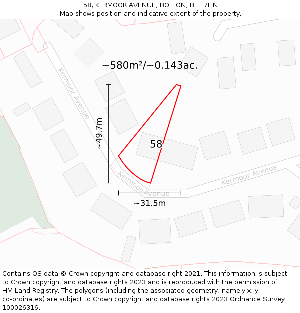 58, KERMOOR AVENUE, BOLTON, BL1 7HN: Plot and title map