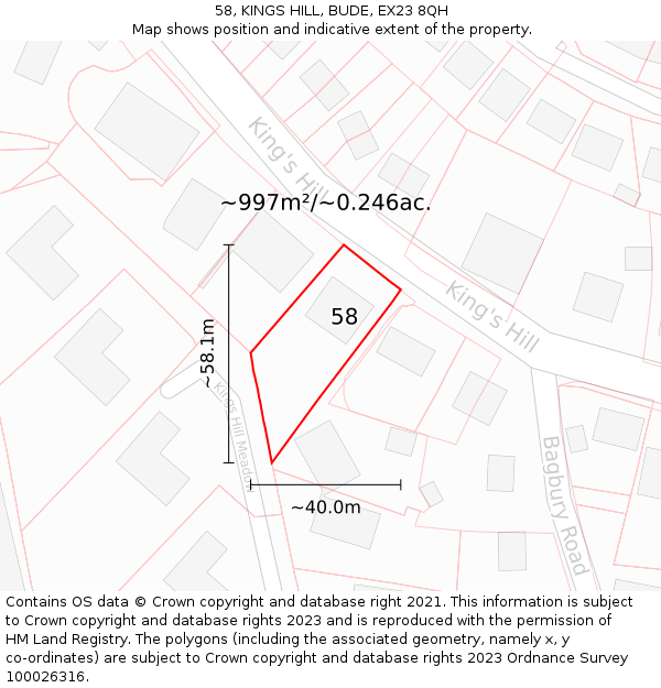 58, KINGS HILL, BUDE, EX23 8QH: Plot and title map