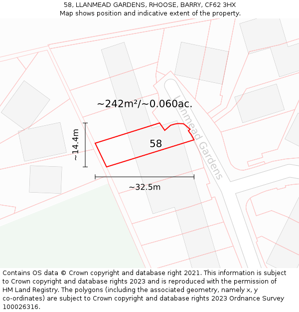 58, LLANMEAD GARDENS, RHOOSE, BARRY, CF62 3HX: Plot and title map