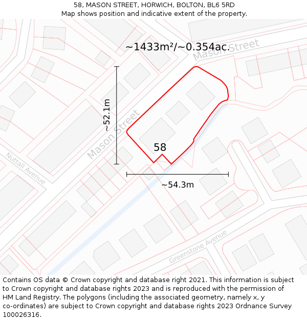 58, MASON STREET, HORWICH, BOLTON, BL6 5RD: Plot and title map