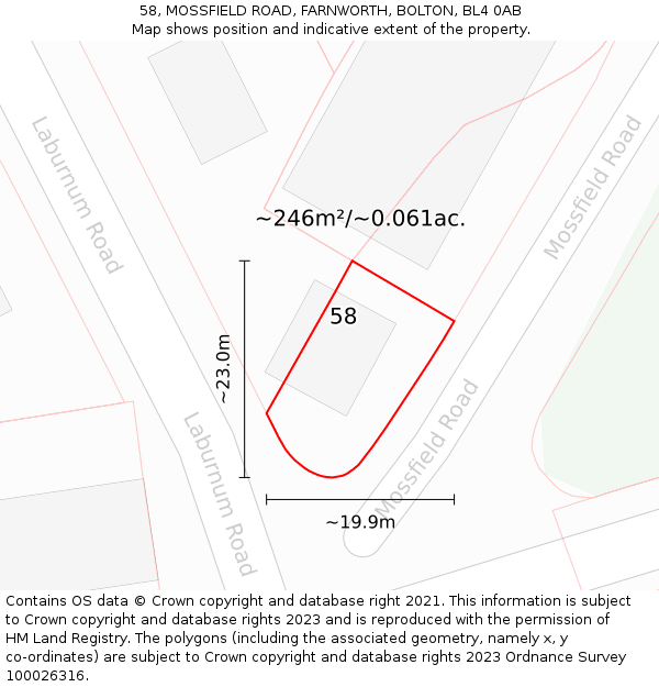 58, MOSSFIELD ROAD, FARNWORTH, BOLTON, BL4 0AB: Plot and title map