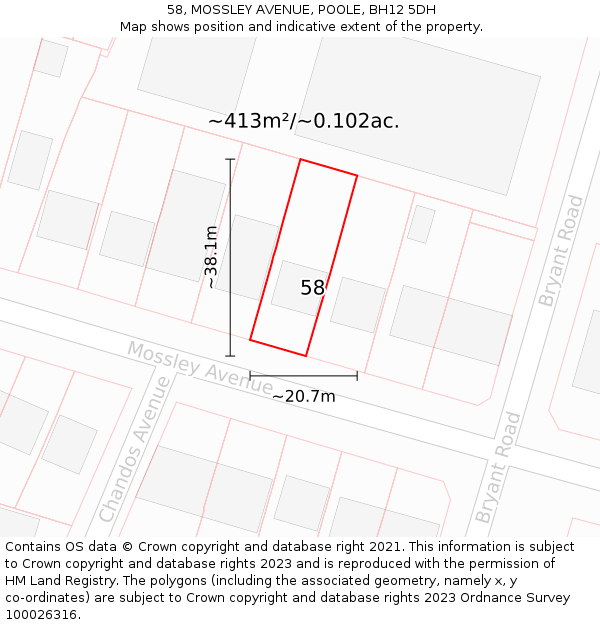 58, MOSSLEY AVENUE, POOLE, BH12 5DH: Plot and title map