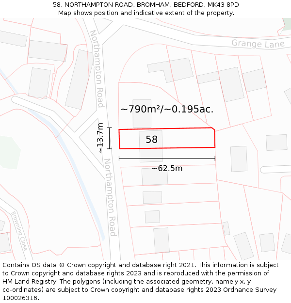 58, NORTHAMPTON ROAD, BROMHAM, BEDFORD, MK43 8PD: Plot and title map