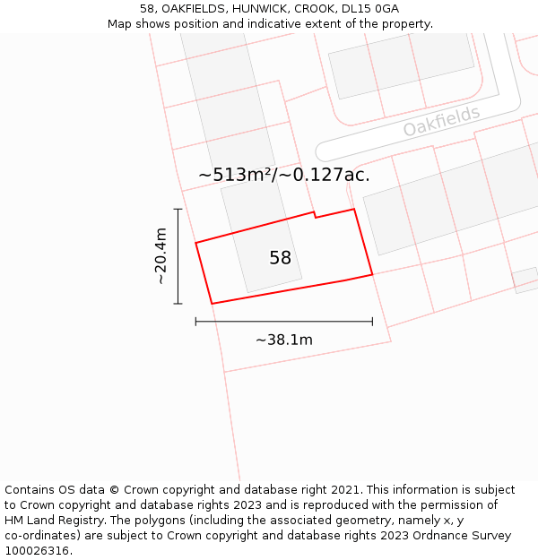 58, OAKFIELDS, HUNWICK, CROOK, DL15 0GA: Plot and title map