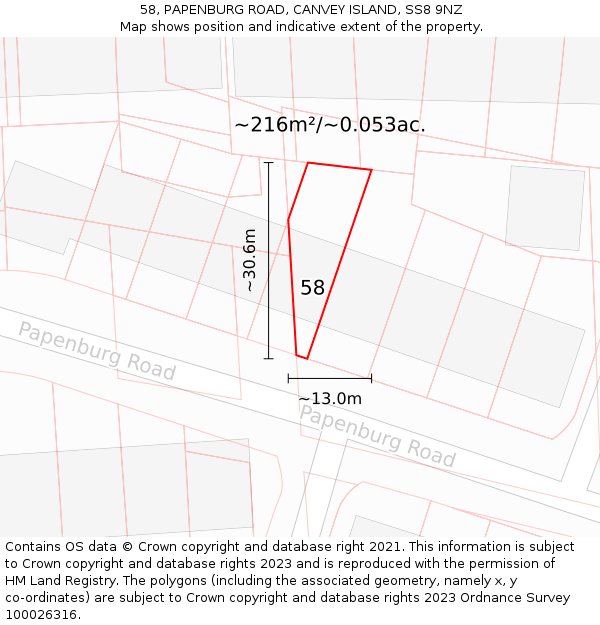 58, PAPENBURG ROAD, CANVEY ISLAND, SS8 9NZ: Plot and title map