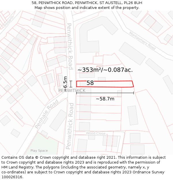 58, PENWITHICK ROAD, PENWITHICK, ST AUSTELL, PL26 8UH: Plot and title map