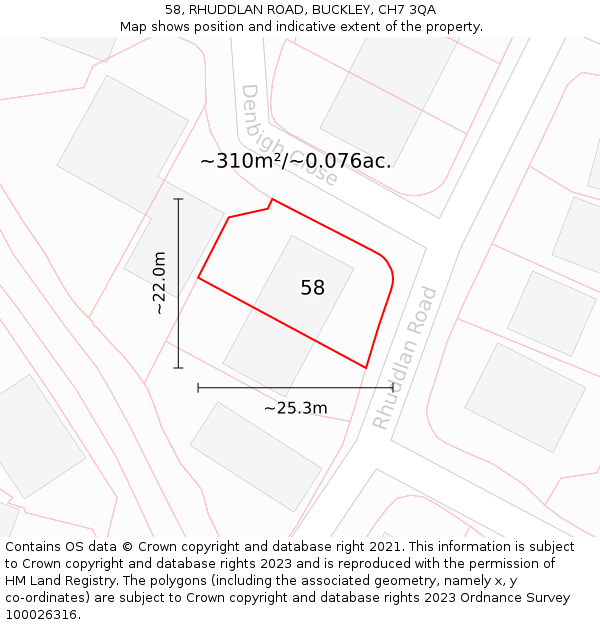 58, RHUDDLAN ROAD, BUCKLEY, CH7 3QA: Plot and title map