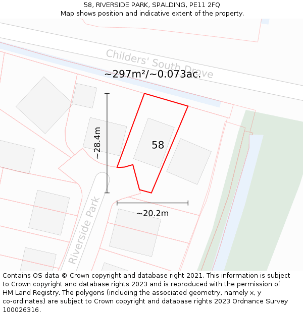 58, RIVERSIDE PARK, SPALDING, PE11 2FQ: Plot and title map