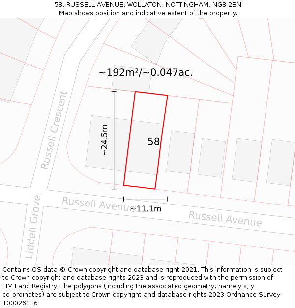 58, RUSSELL AVENUE, WOLLATON, NOTTINGHAM, NG8 2BN: Plot and title map