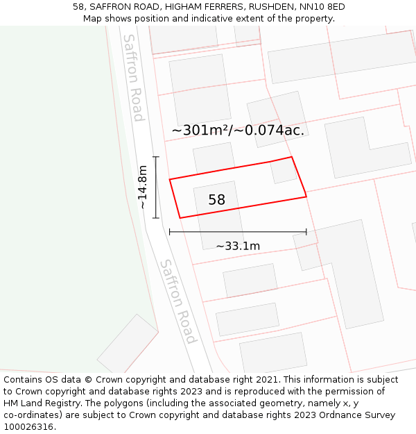 58, SAFFRON ROAD, HIGHAM FERRERS, RUSHDEN, NN10 8ED: Plot and title map