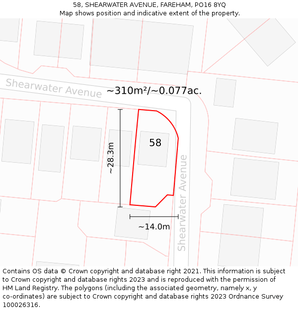 58, SHEARWATER AVENUE, FAREHAM, PO16 8YQ: Plot and title map