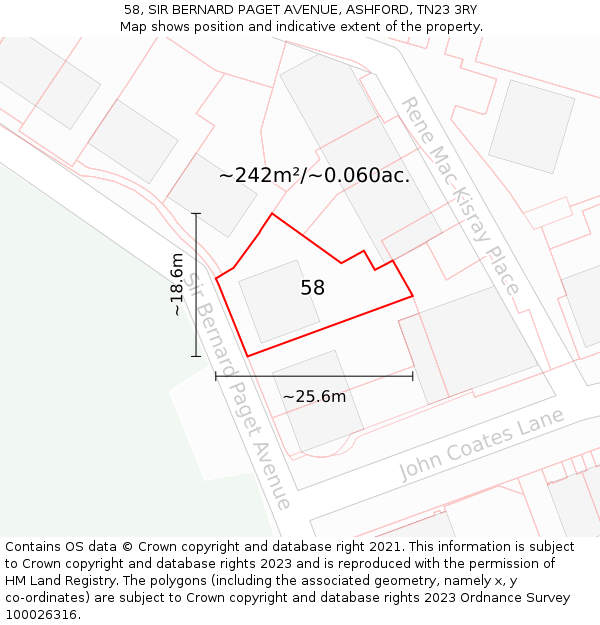 58, SIR BERNARD PAGET AVENUE, ASHFORD, TN23 3RY: Plot and title map