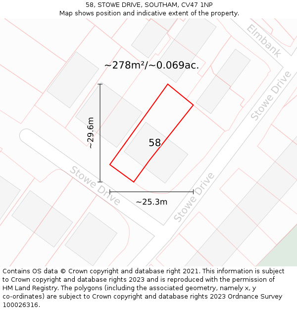 58, STOWE DRIVE, SOUTHAM, CV47 1NP: Plot and title map