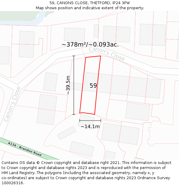 59, CANONS CLOSE, THETFORD, IP24 3PW: Plot and title map