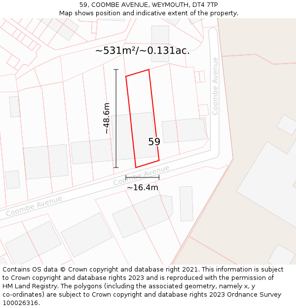 59, COOMBE AVENUE, WEYMOUTH, DT4 7TP: Plot and title map