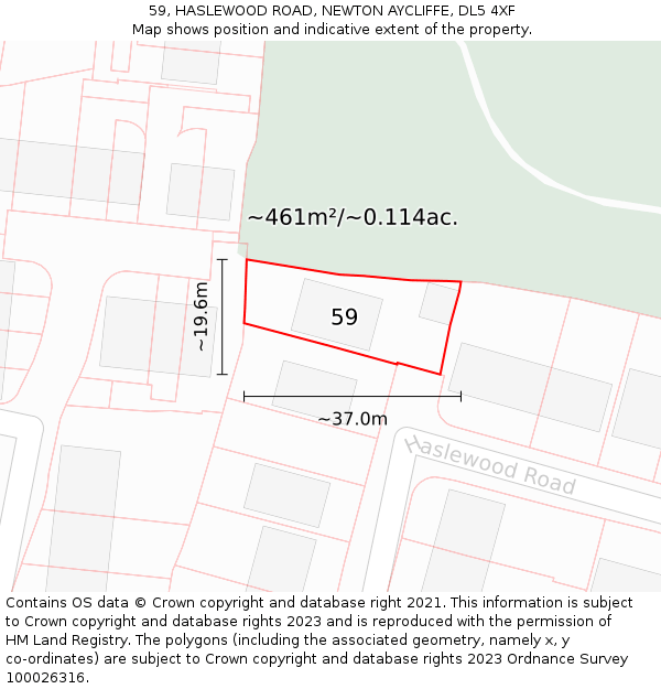 59, HASLEWOOD ROAD, NEWTON AYCLIFFE, DL5 4XF: Plot and title map