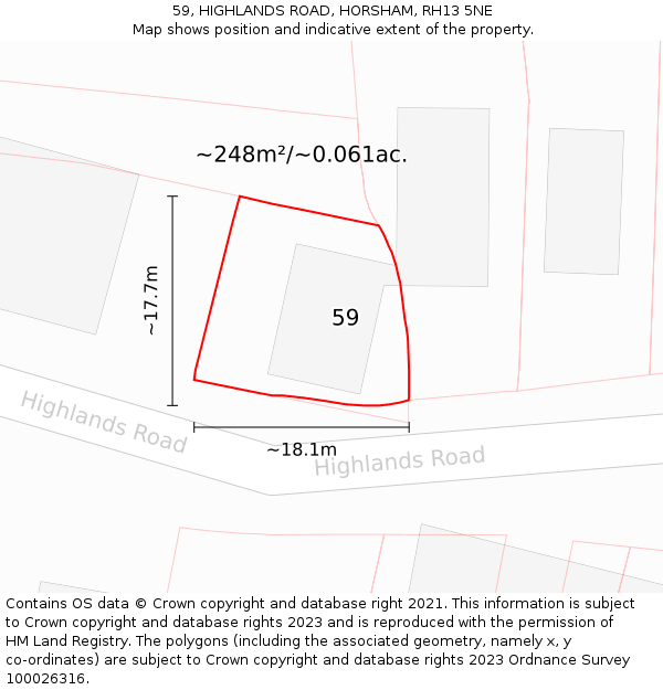 59, HIGHLANDS ROAD, HORSHAM, RH13 5NE: Plot and title map