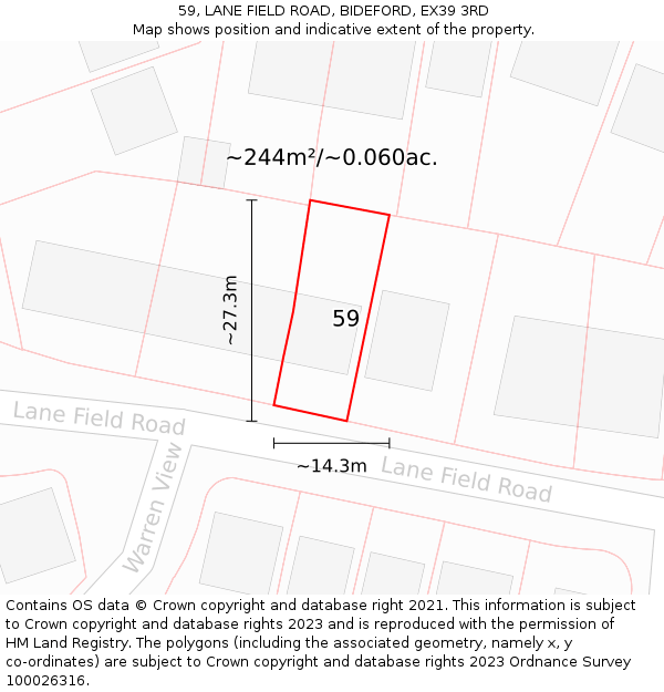 59, LANE FIELD ROAD, BIDEFORD, EX39 3RD: Plot and title map