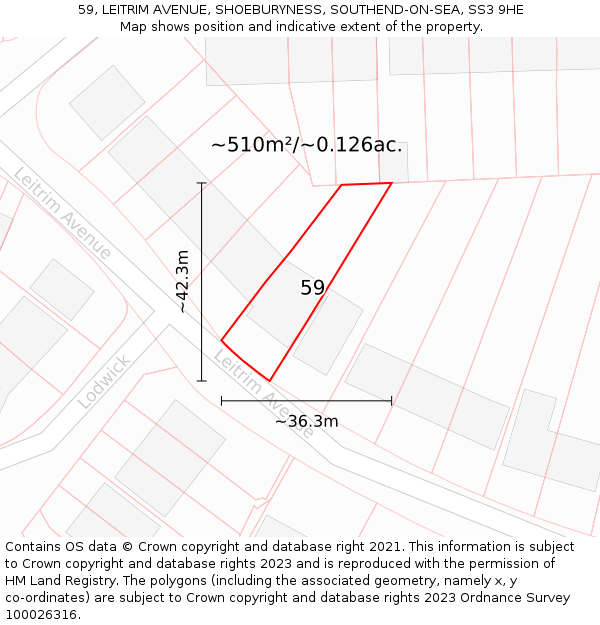 59, LEITRIM AVENUE, SHOEBURYNESS, SOUTHEND-ON-SEA, SS3 9HE: Plot and title map