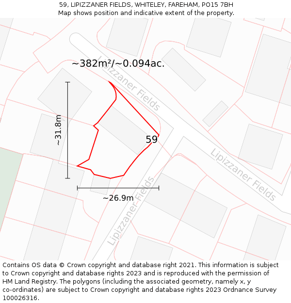 59, LIPIZZANER FIELDS, WHITELEY, FAREHAM, PO15 7BH: Plot and title map