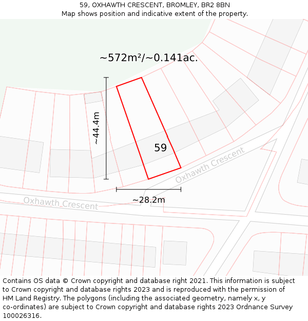 59, OXHAWTH CRESCENT, BROMLEY, BR2 8BN: Plot and title map