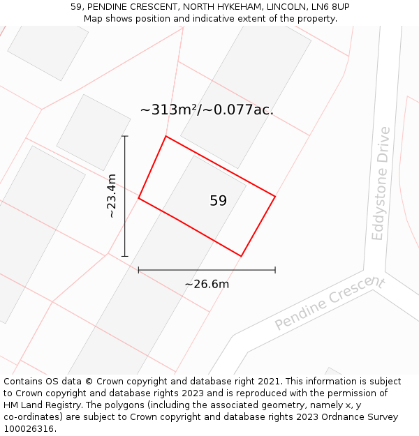 59, PENDINE CRESCENT, NORTH HYKEHAM, LINCOLN, LN6 8UP: Plot and title map