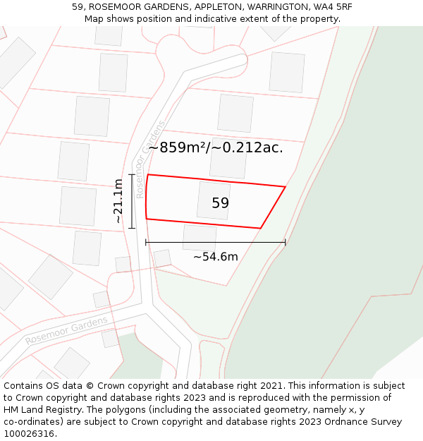 59, ROSEMOOR GARDENS, APPLETON, WARRINGTON, WA4 5RF: Plot and title map