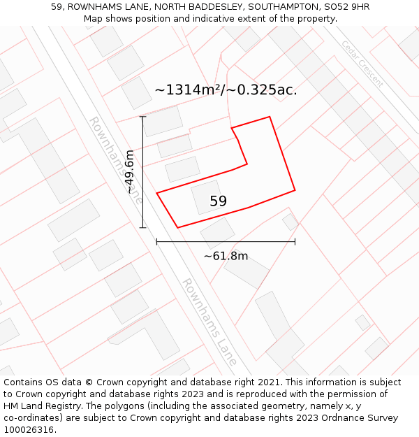 59, ROWNHAMS LANE, NORTH BADDESLEY, SOUTHAMPTON, SO52 9HR: Plot and title map