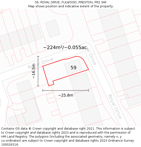 59, ROYAL DRIVE, FULWOOD, PRESTON, PR2 3AF: Plot and title map