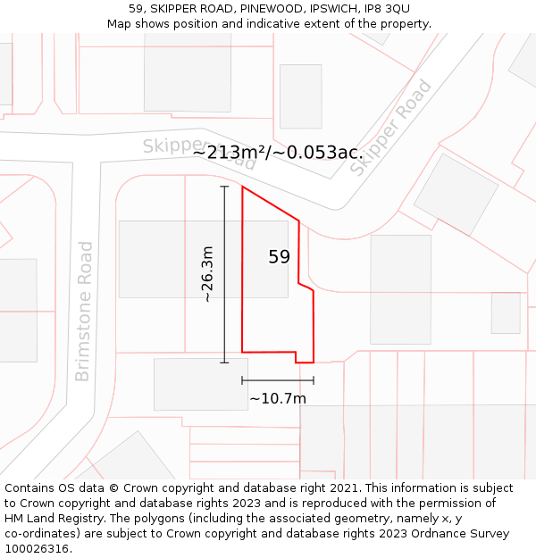 59, SKIPPER ROAD, PINEWOOD, IPSWICH, IP8 3QU: Plot and title map