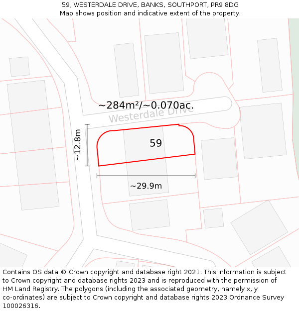 59, WESTERDALE DRIVE, BANKS, SOUTHPORT, PR9 8DG: Plot and title map