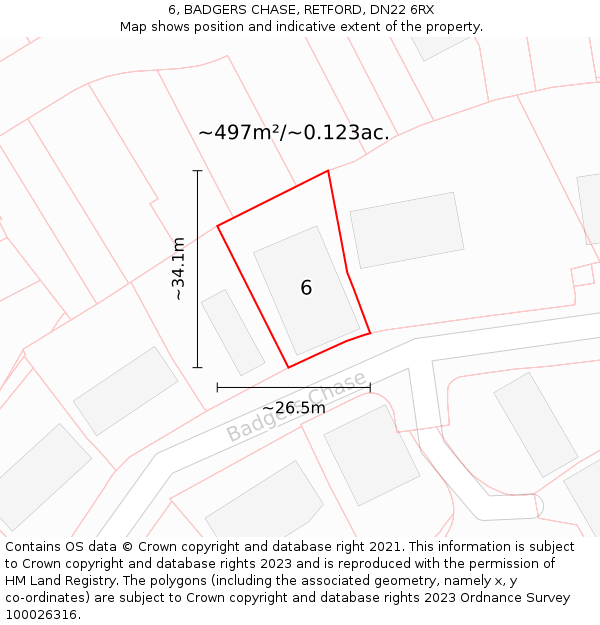 6, BADGERS CHASE, RETFORD, DN22 6RX: Plot and title map