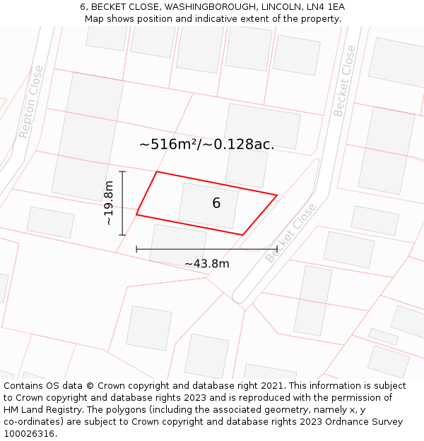 6, BECKET CLOSE, WASHINGBOROUGH, LINCOLN, LN4 1EA: Plot and title map